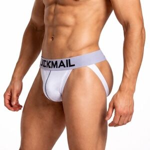 JOCKMAIL XL (32-34) Mens Mesh Jockstrap White Bold Logo Waistband Athletic